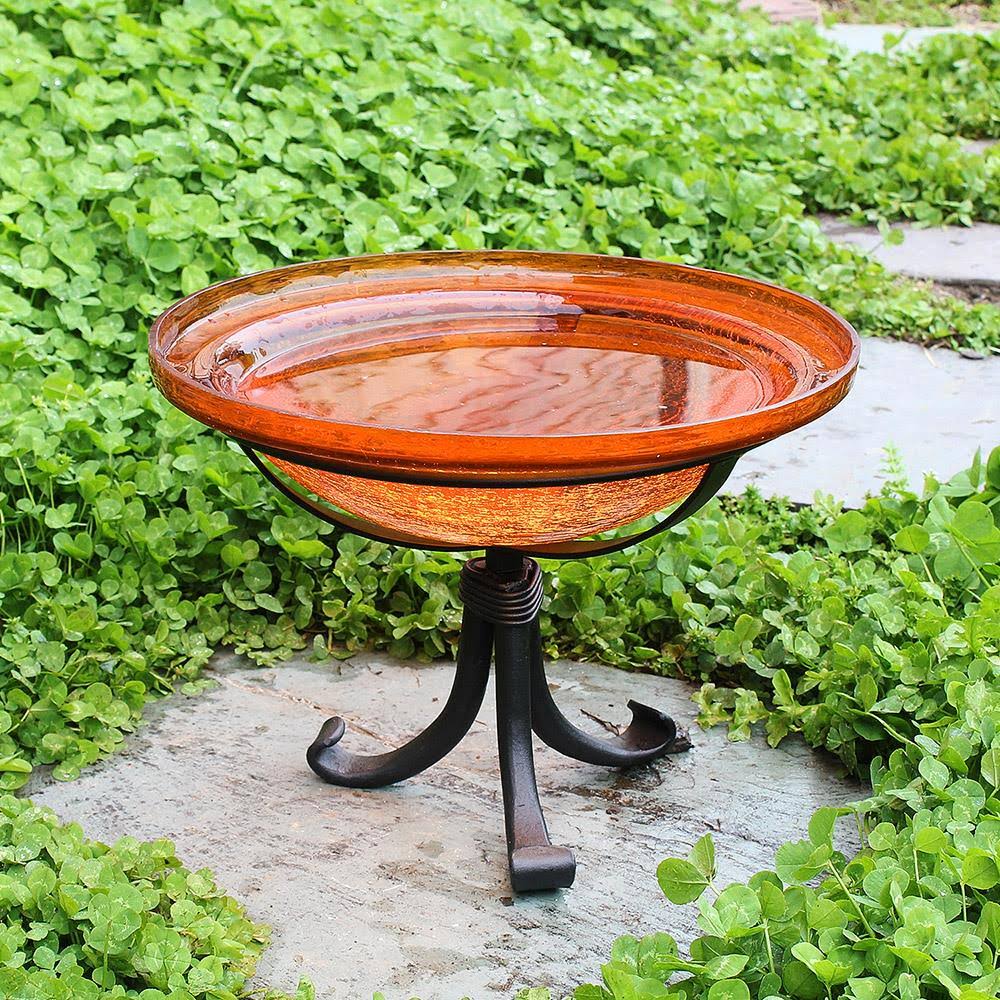 12 in. Mandarin Crackle Birdbath with Tripod Stand D2022