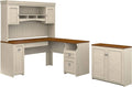 Antique White L Shaped Desk with Hutch and Storage Cabinet D19219