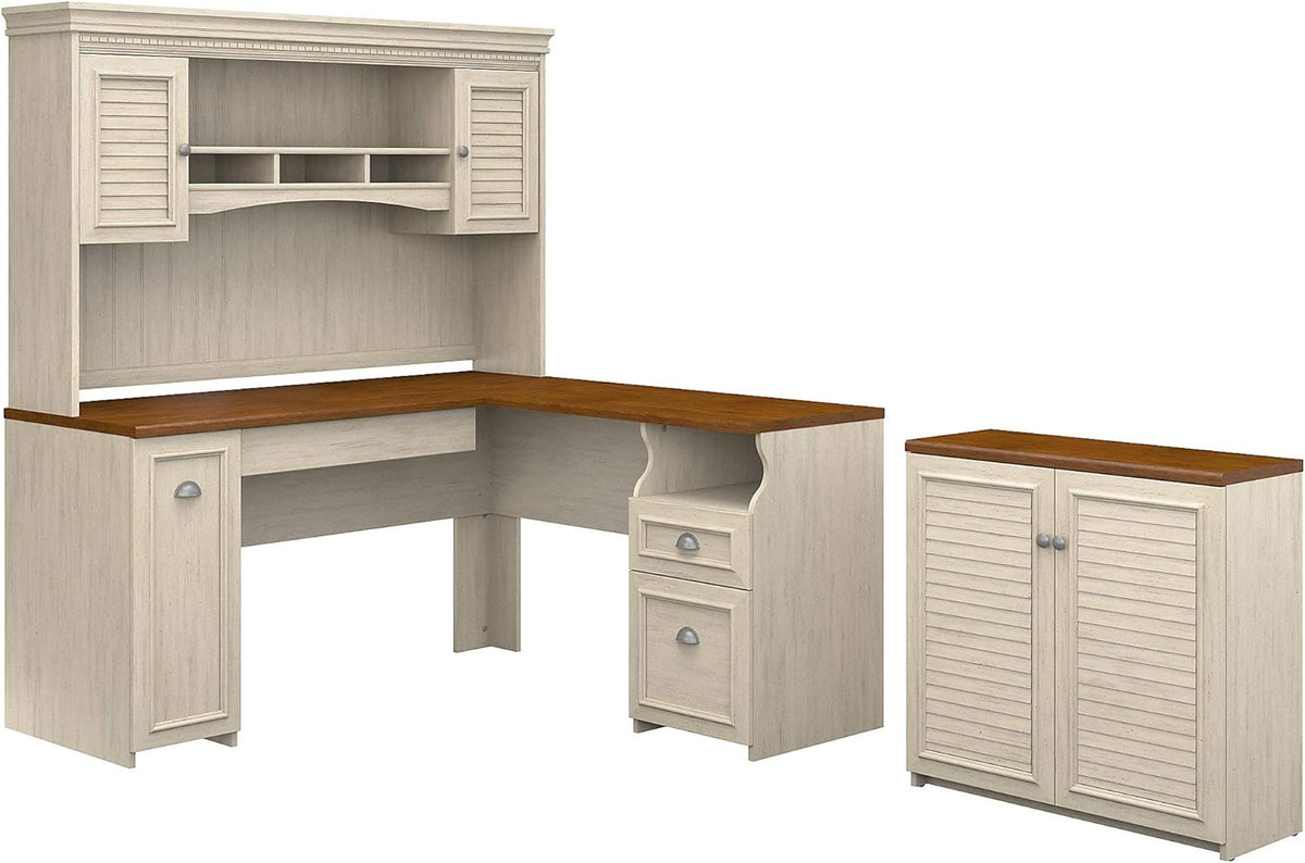 Antique White L Shaped Desk with Hutch and Storage Cabinet D19219
