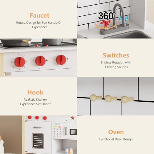 Wooden Play Kitchen with Microwave, Range Hood, Stove, Sink, and Accessories S6658