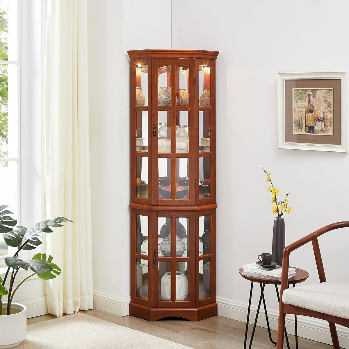 Curio Cabinet with Glass Doors, 5 Shelves, Lighting System, Oak A482