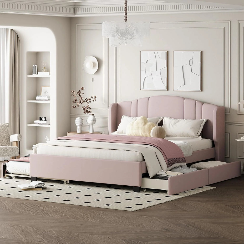 Queen Upholstered Platform Bed with Wingback Headboard and 2 Drawers S91483