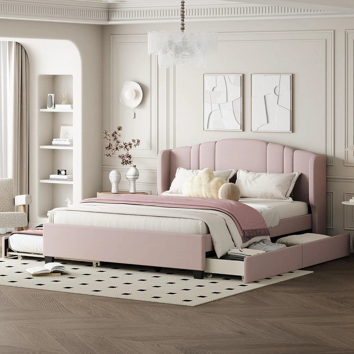 Queen Upholstered Platform Bed with Wingback Headboard and 2 Drawers S91483