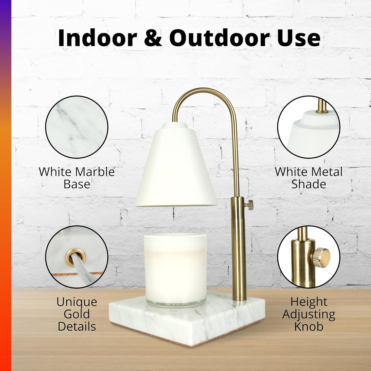 Adjustable Electric Candle Warmer with Dimmer, Marble Base, Gold Frame U320547