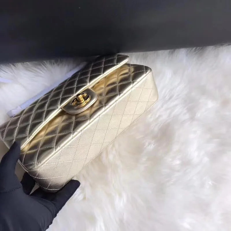 Gold Medium Size Lambskin Leather Flap Bag I300922