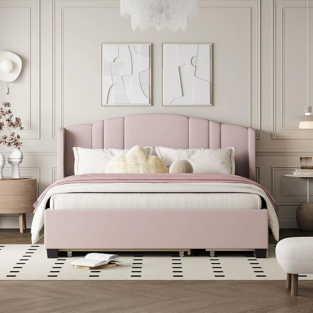 Queen Upholstered Platform Bed with Wingback Headboard and 2 Drawers S91483