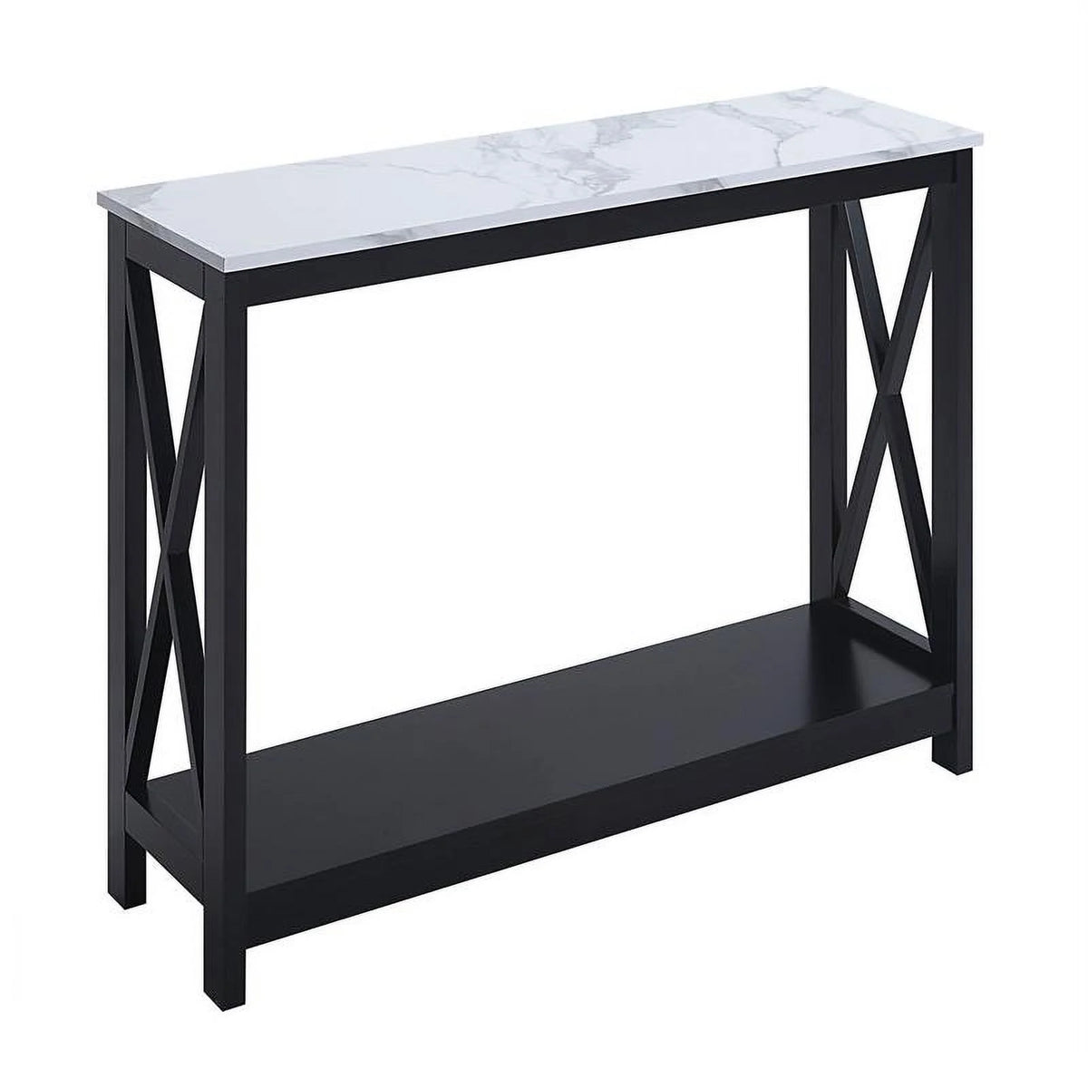 White Faux Marble and Black Wood Console Table with Shelf B243437