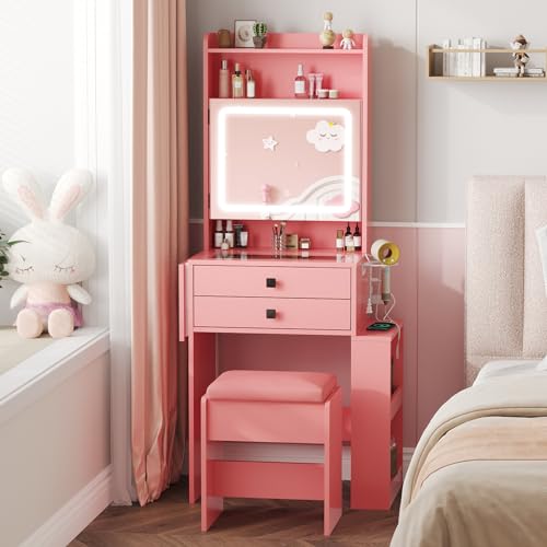 White Makeup Vanity Desk with Lighted Mirror and Chair O7640