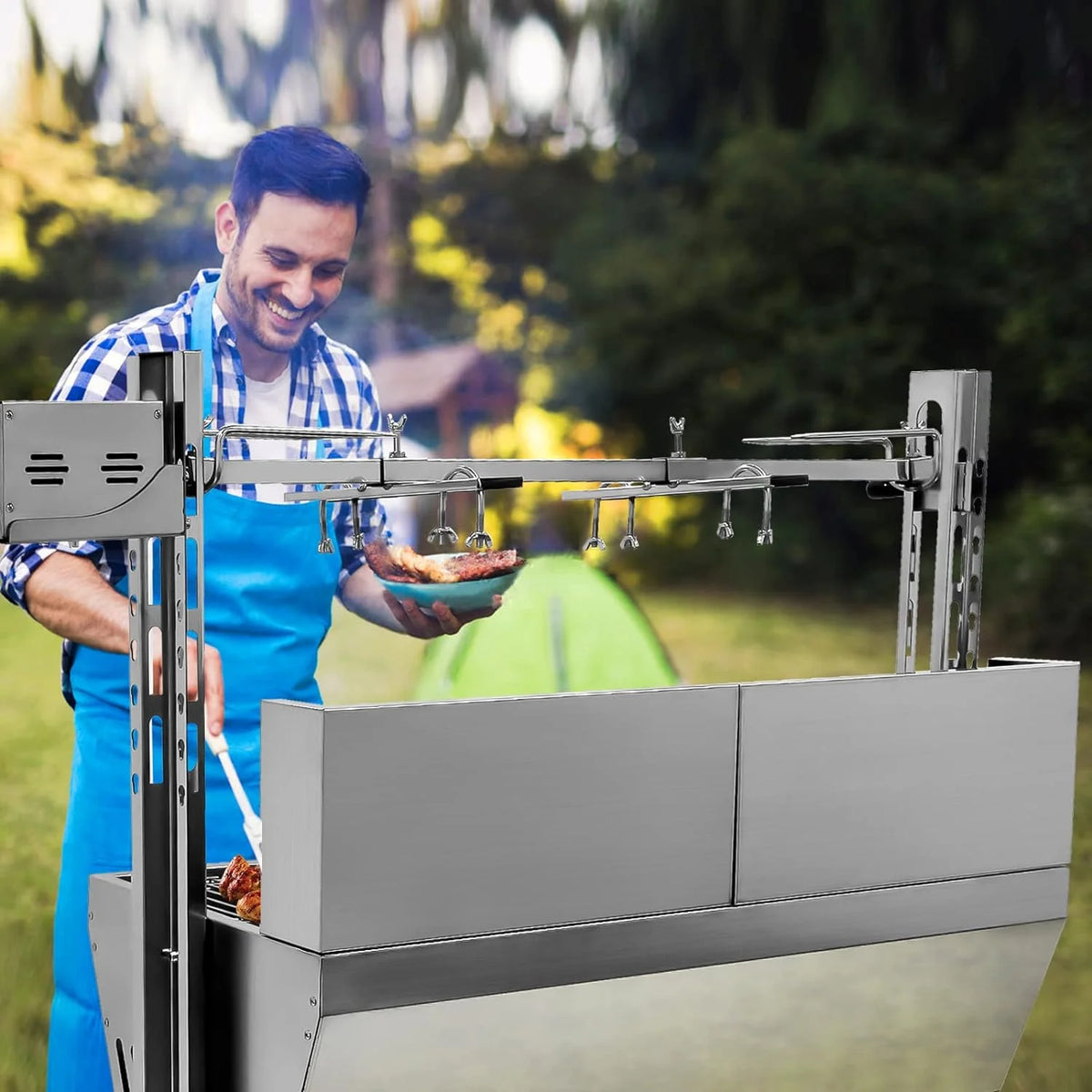 Stainless Steel Rotisserie Grill with Back Cover Guard, 25W Motor, 37'' 2 in 1 BBQ Charcoal Rotisserie Grill P395906