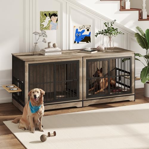 Rustic Brown Double Dog Crate Furniture with Divider T68552