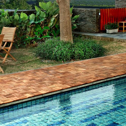 Teak Interlocking Tiles Wooden Floor Tile Set 10 Square Feet 12" x 12" 9 Slat Design Oiled Finish V248