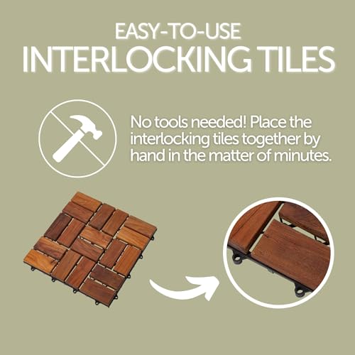 Teak Interlocking Tiles Wooden Floor Tile Set 10 Square Feet 12" x 12" 9 Slat Design Oiled Finish V248