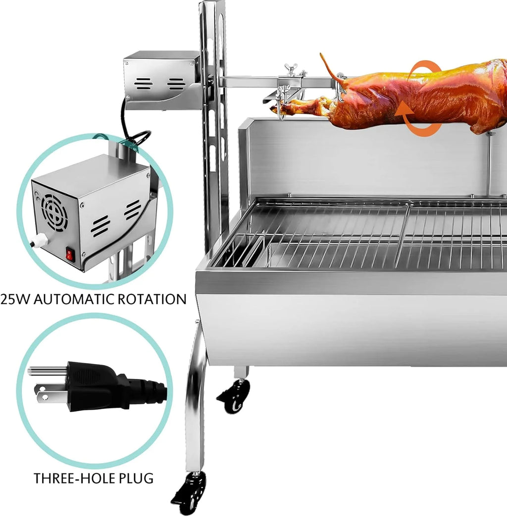 Stainless Steel Rotisserie Grill with Back Cover Guard, 25W Motor, 37'' 2 in 1 BBQ Charcoal Rotisserie Grill P395906