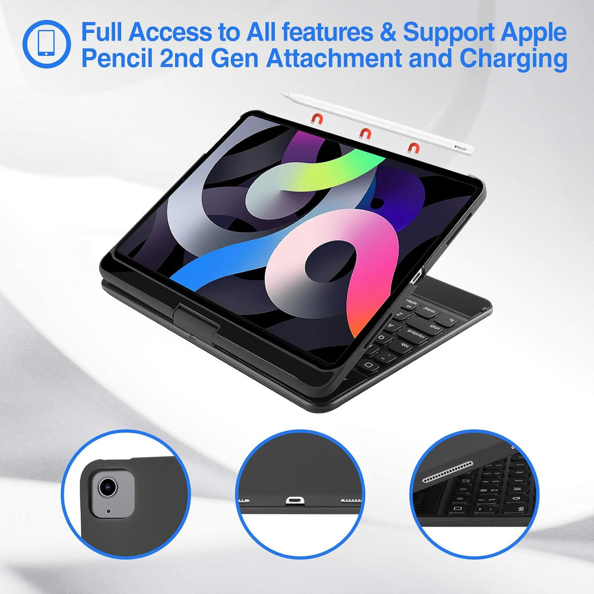Keyboard Case with 7 Colors Backlit 360 Degree Rotation Black U30900