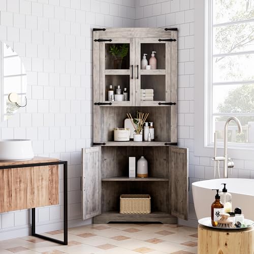 White Tall Corner Cabinet with Barn Door and Adjustable Shelves S7481