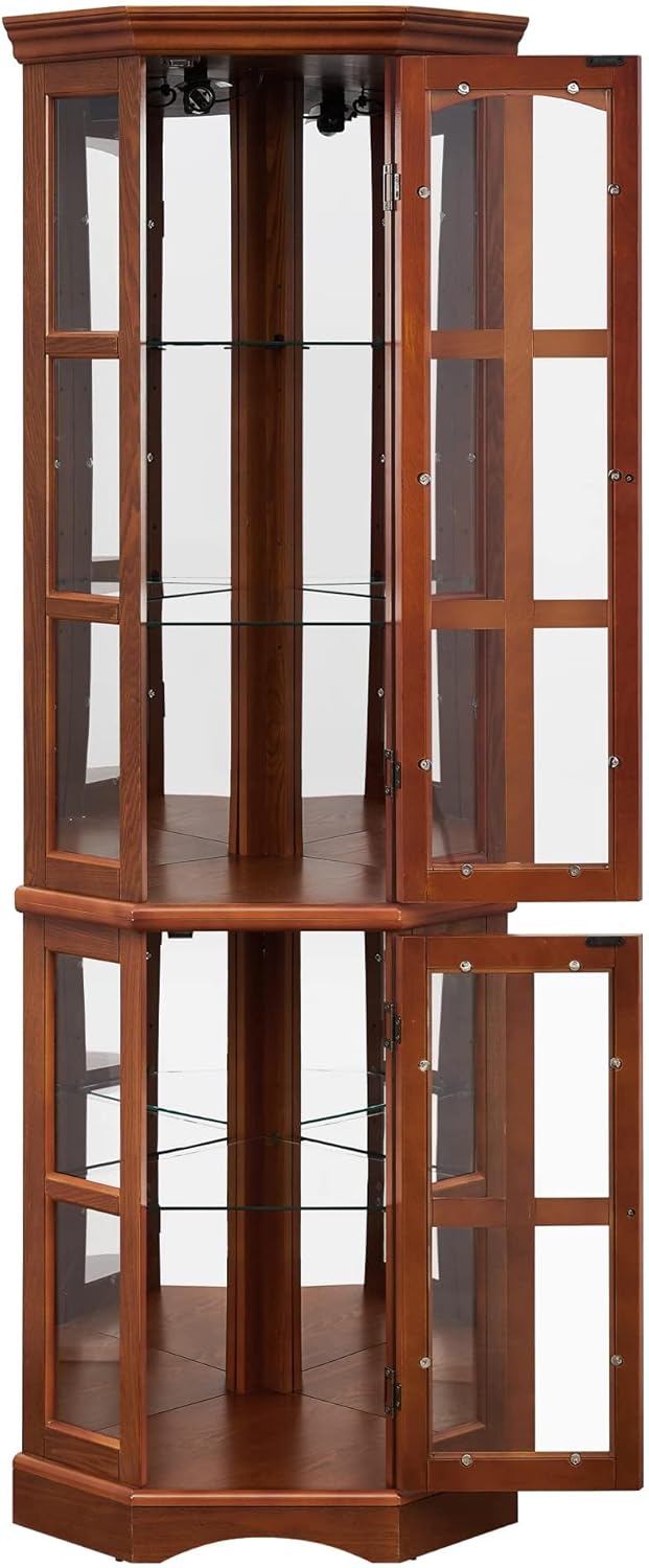 Curio Cabinet with Glass Doors, 5 Shelves, Lighting System, Oak A482