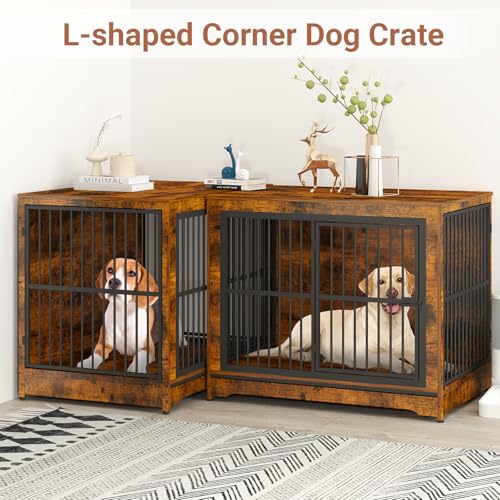 Rustic Brown Double Dog Crate Furniture with Divider T68552