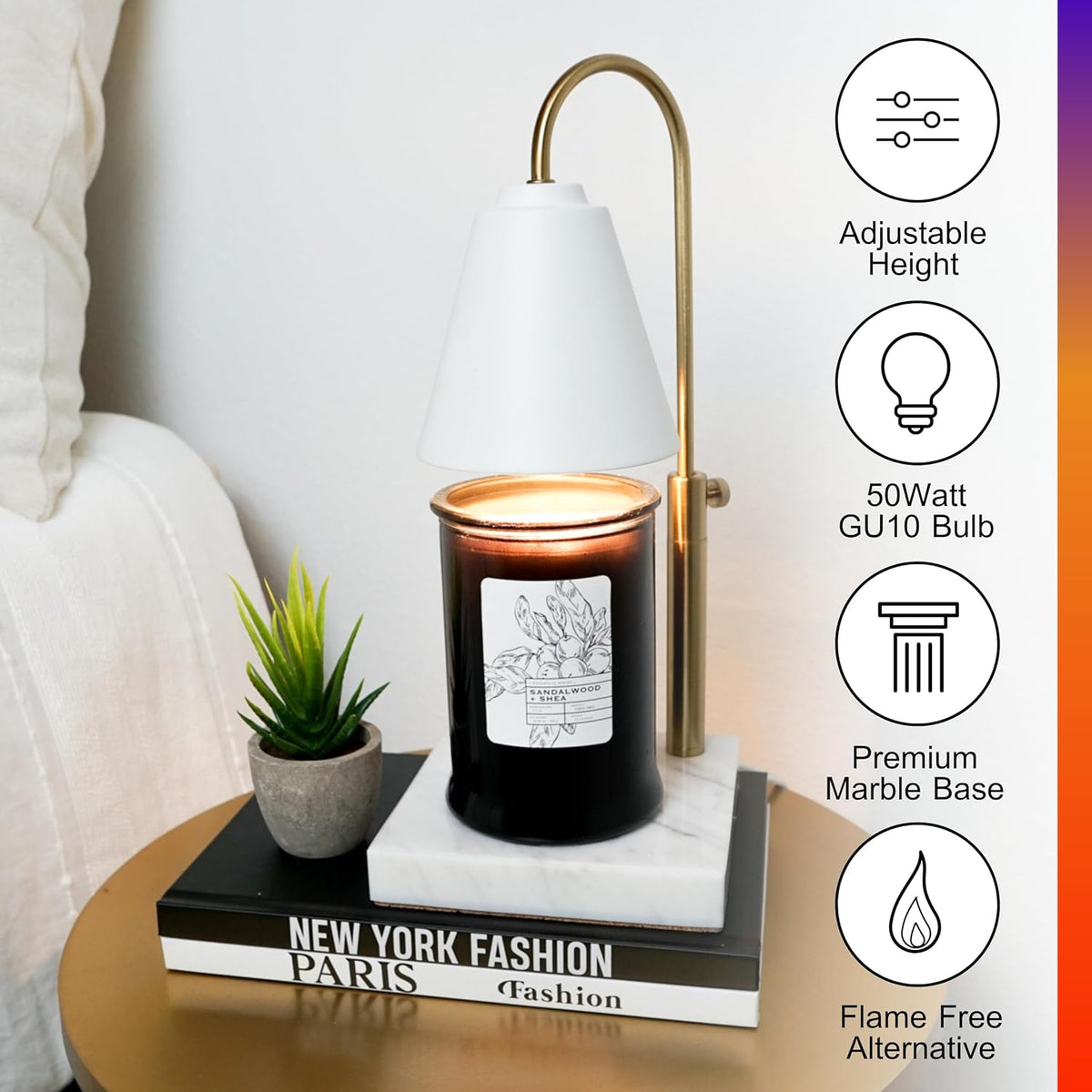 Adjustable Electric Candle Warmer with Dimmer, Marble Base, Gold Frame U320547