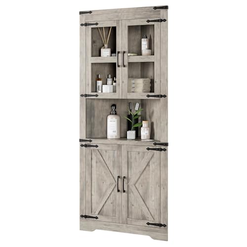 White Tall Corner Cabinet with Barn Door and Adjustable Shelves S7481
