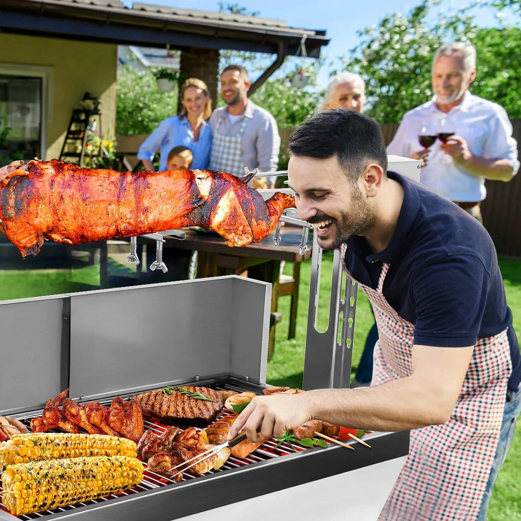 Stainless Steel Rotisserie Grill with Back Cover Guard, 25W Motor, 37'' 2 in 1 BBQ Charcoal Rotisserie Grill P395906