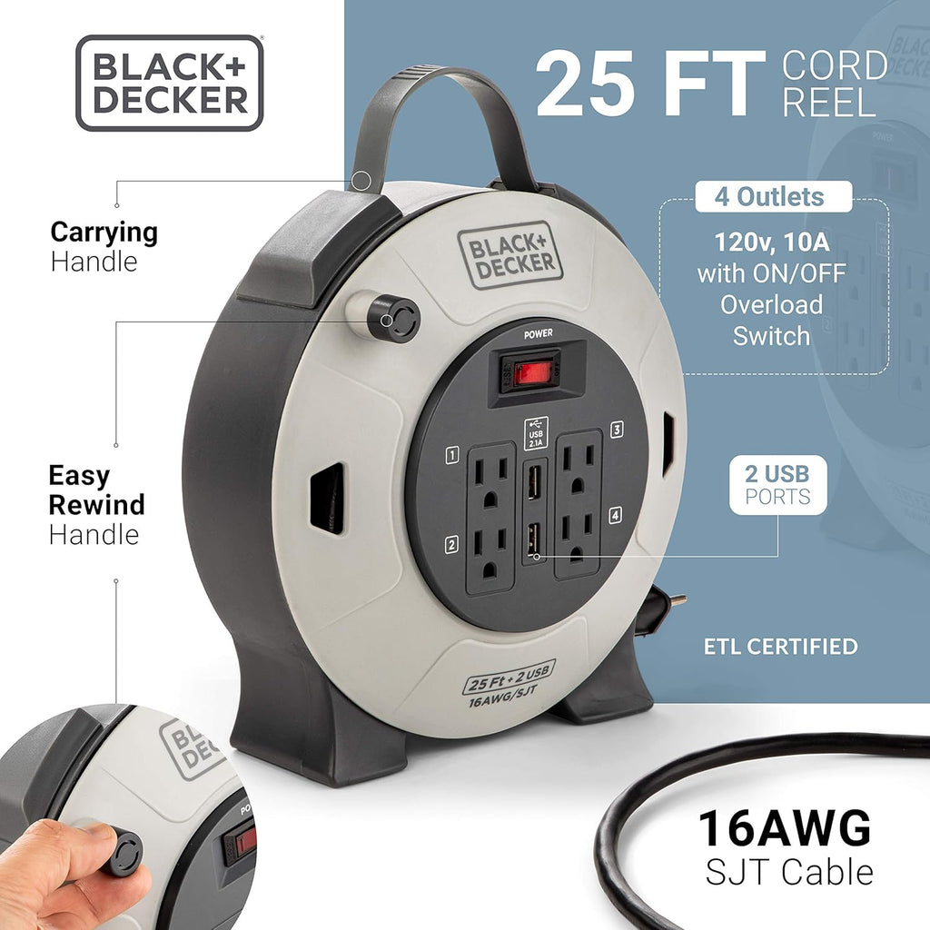 Retractable Extension Cord, 25 ft, 4 Outlets, 2 USB Ports J8371