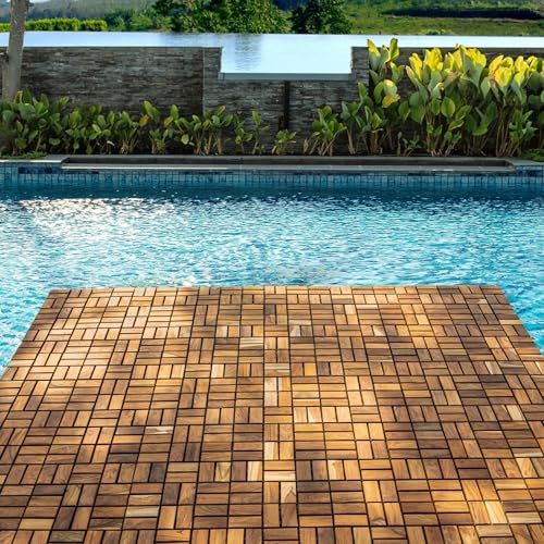 Teak Interlocking Tiles Wooden Floor Tile Set 10 Square Feet 12" x 12" 9 Slat Design Oiled Finish V248