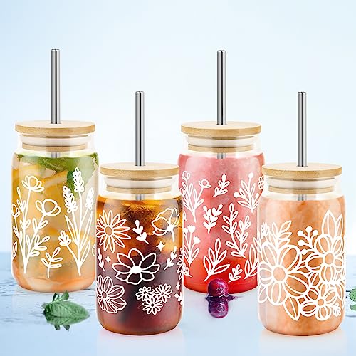 4 Pack 16oz Glass Cups with Bamboo Lids Straws K13523