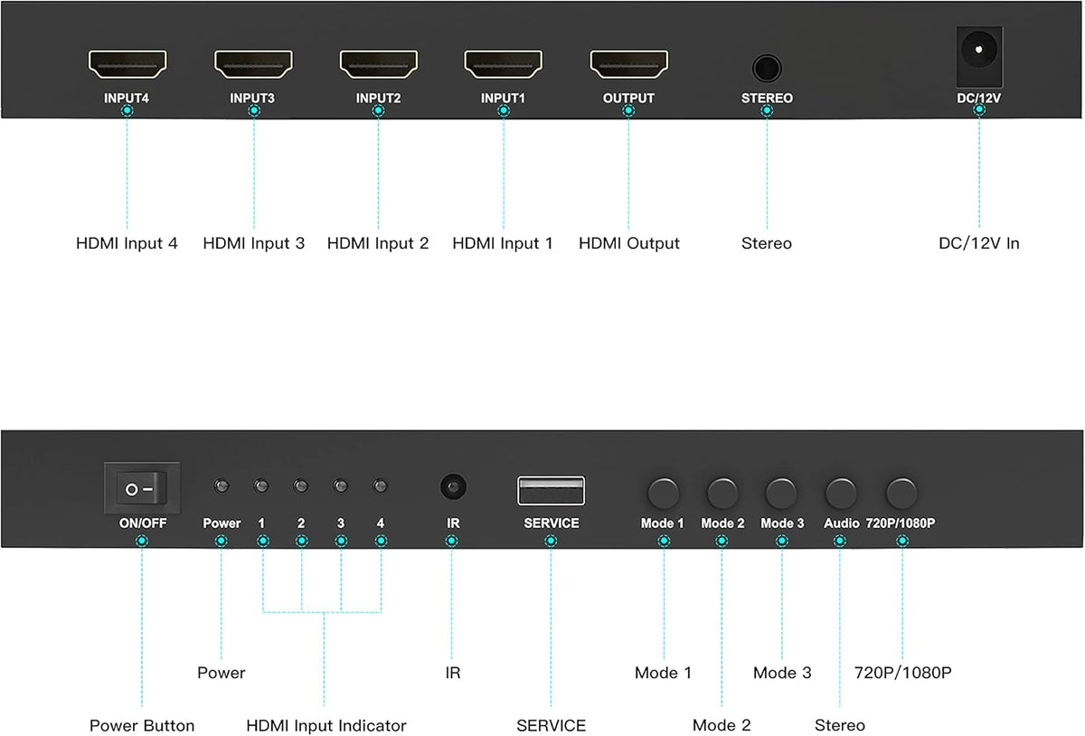 HDMI Multiviewer Switch 4x1, 4 in 1 Out with Loop, Audio Extractor, 1080p U279