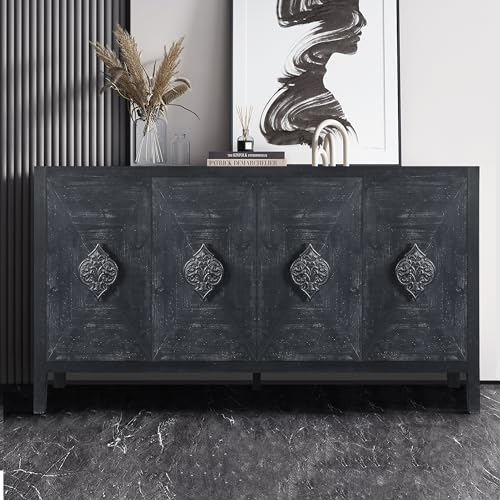 Smoke Blue 60'' Solid Wood Sideboard with 4 Doors and Adjustable Shelves Y5955