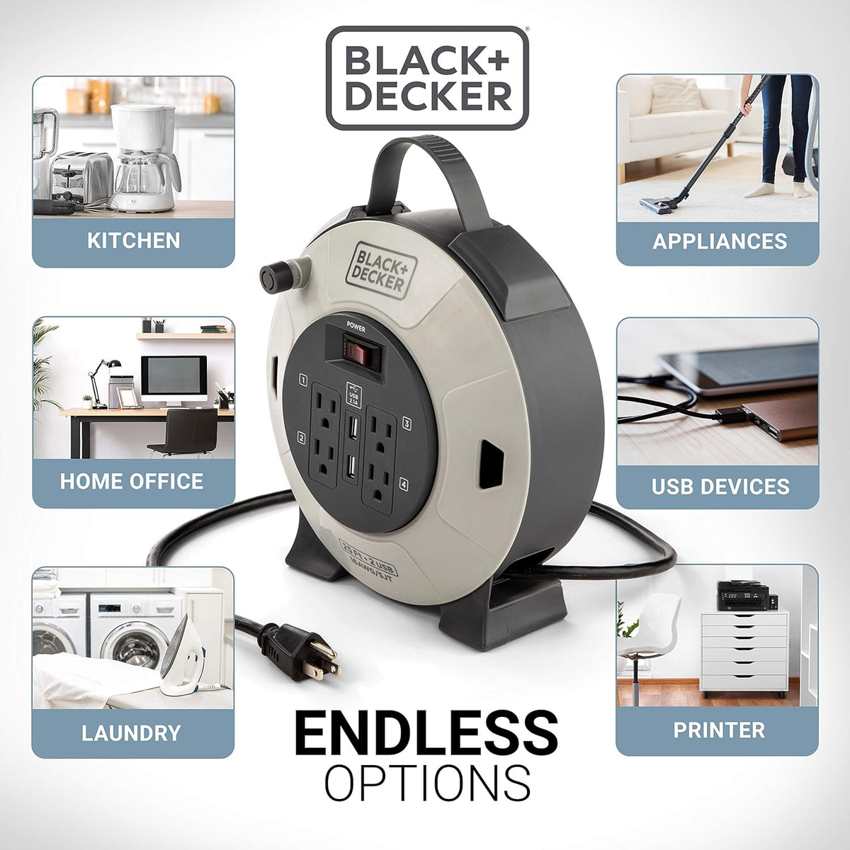 Retractable Extension Cord, 25 ft, 4 Outlets, 2 USB Ports J8371
