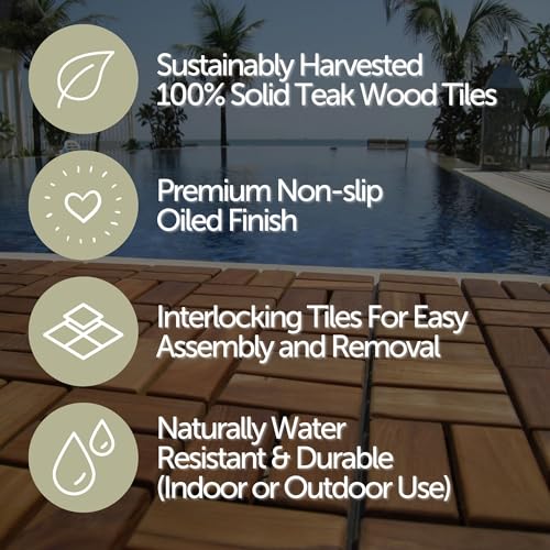 Teak Interlocking Tiles Wooden Floor Tile Set 10 Square Feet 12" x 12" 9 Slat Design Oiled Finish V248