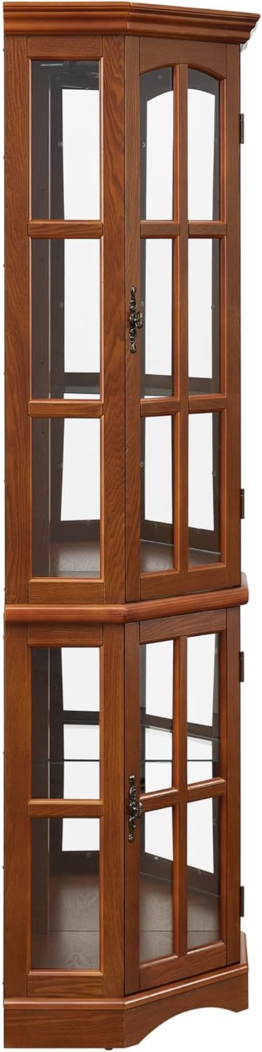 Curio Cabinet with Glass Doors, 5 Shelves, Lighting System, Oak A482