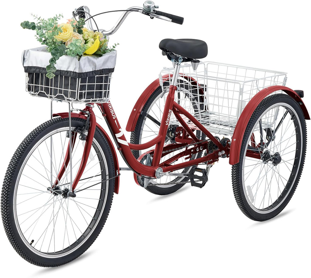 Berry Red 7 Speed Adult Tricycle with Removable Wheeled Baskets J396