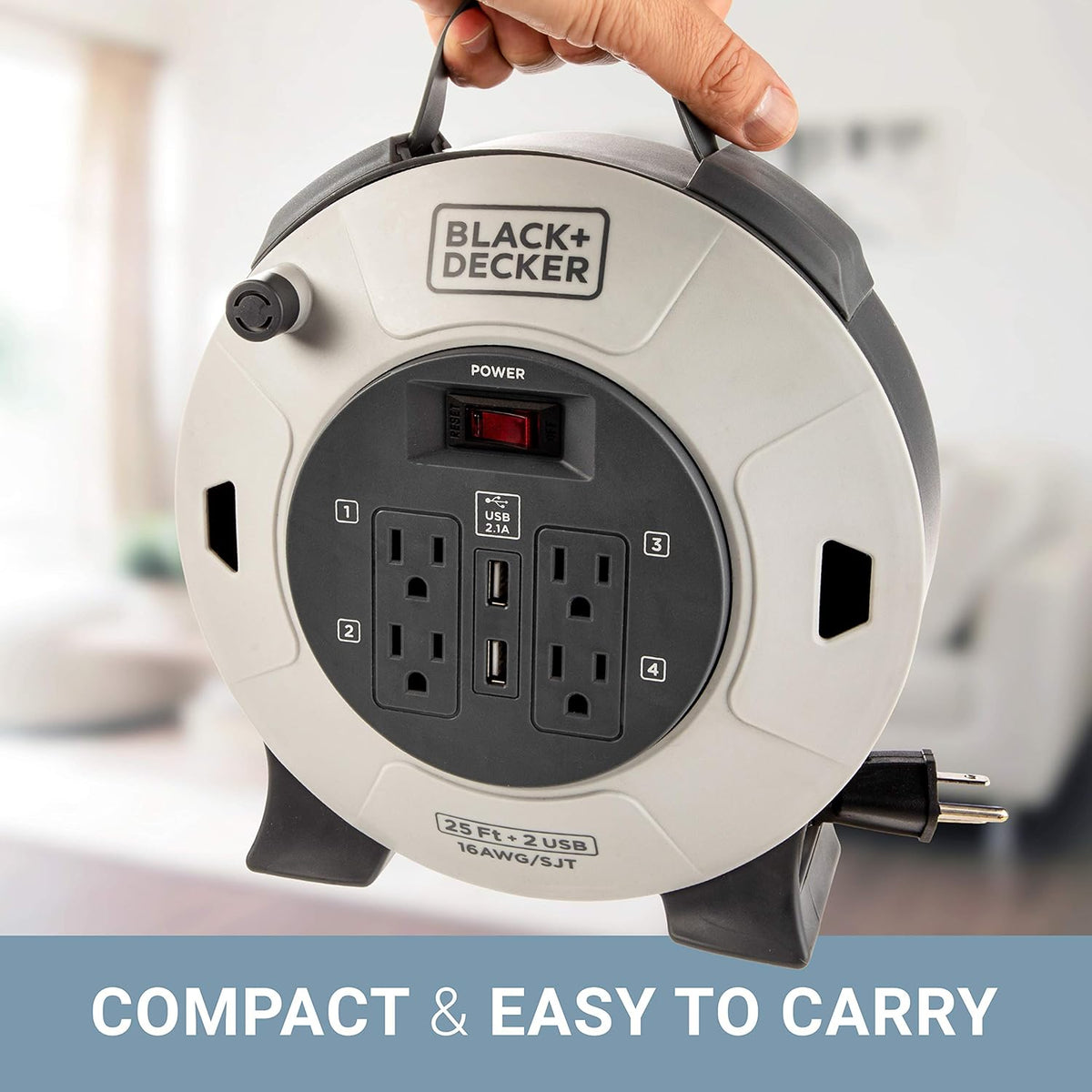 Retractable Extension Cord, 25 ft, 4 Outlets, 2 USB Ports J8371