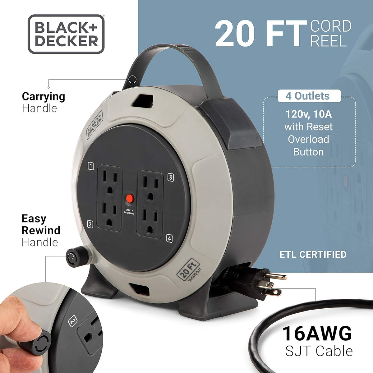 Retractable Extension Cord, 25 ft, 4 Outlets, 2 USB Ports J8371