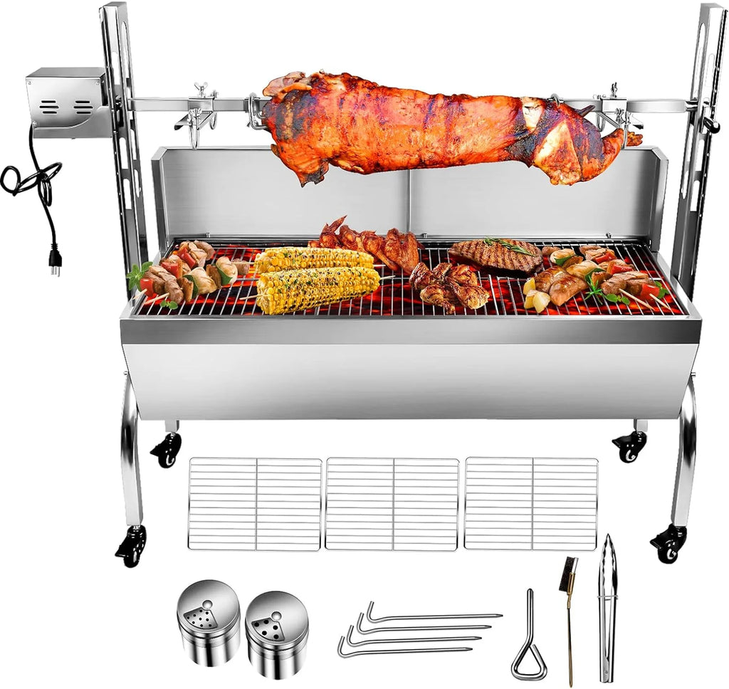 Stainless Steel Rotisserie Grill with Back Cover Guard, 25W Motor, 37'' 2 in 1 BBQ Charcoal Rotisserie Grill P395906