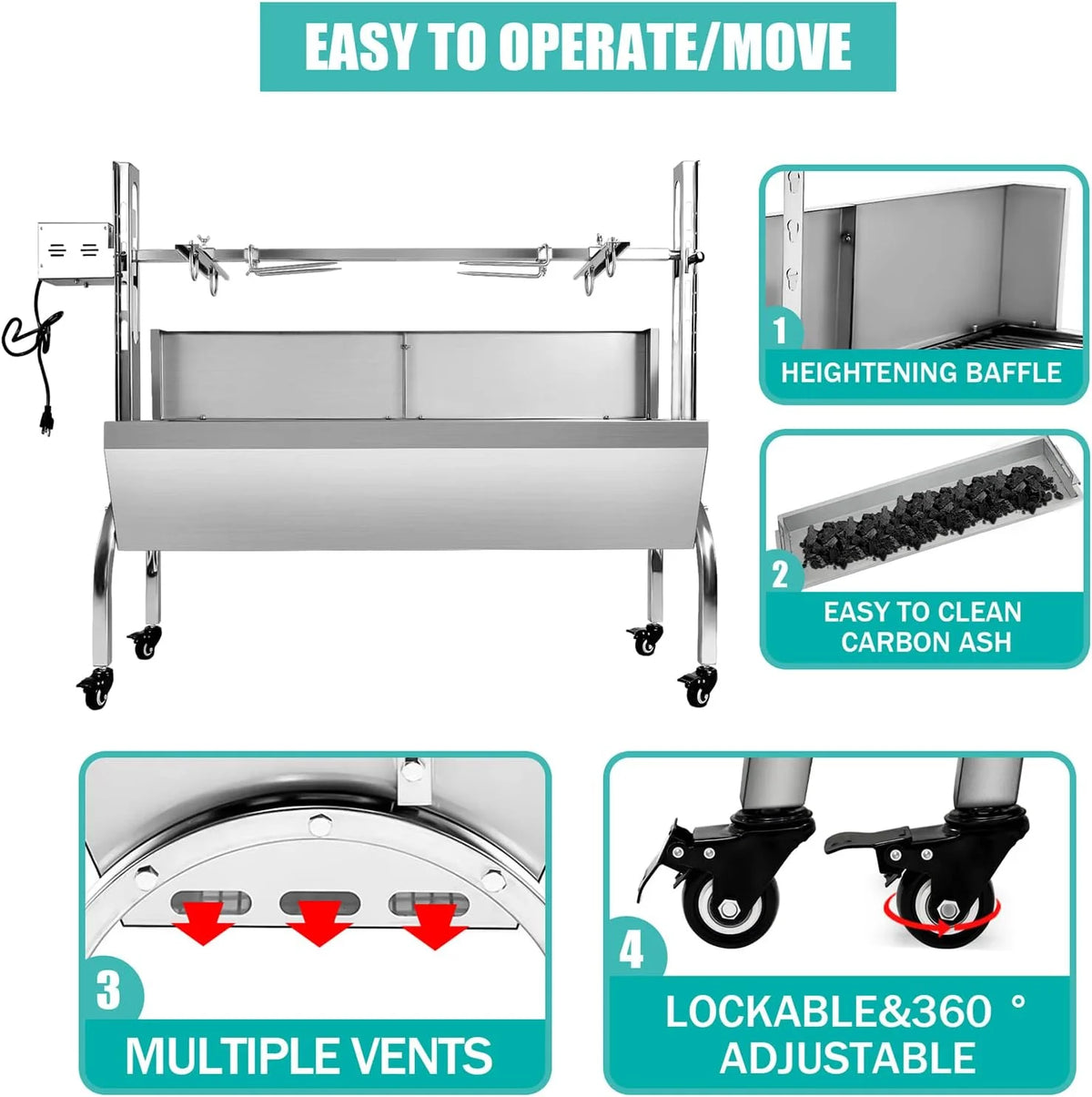 Stainless Steel Rotisserie Grill with Back Cover Guard, 25W Motor, 37'' 2 in 1 BBQ Charcoal Rotisserie Grill P395906