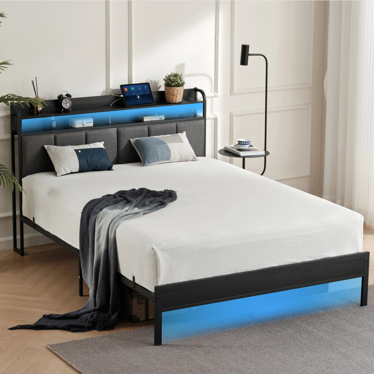 King Size Metal and Wood Platform Bed with LED Headboard K26153