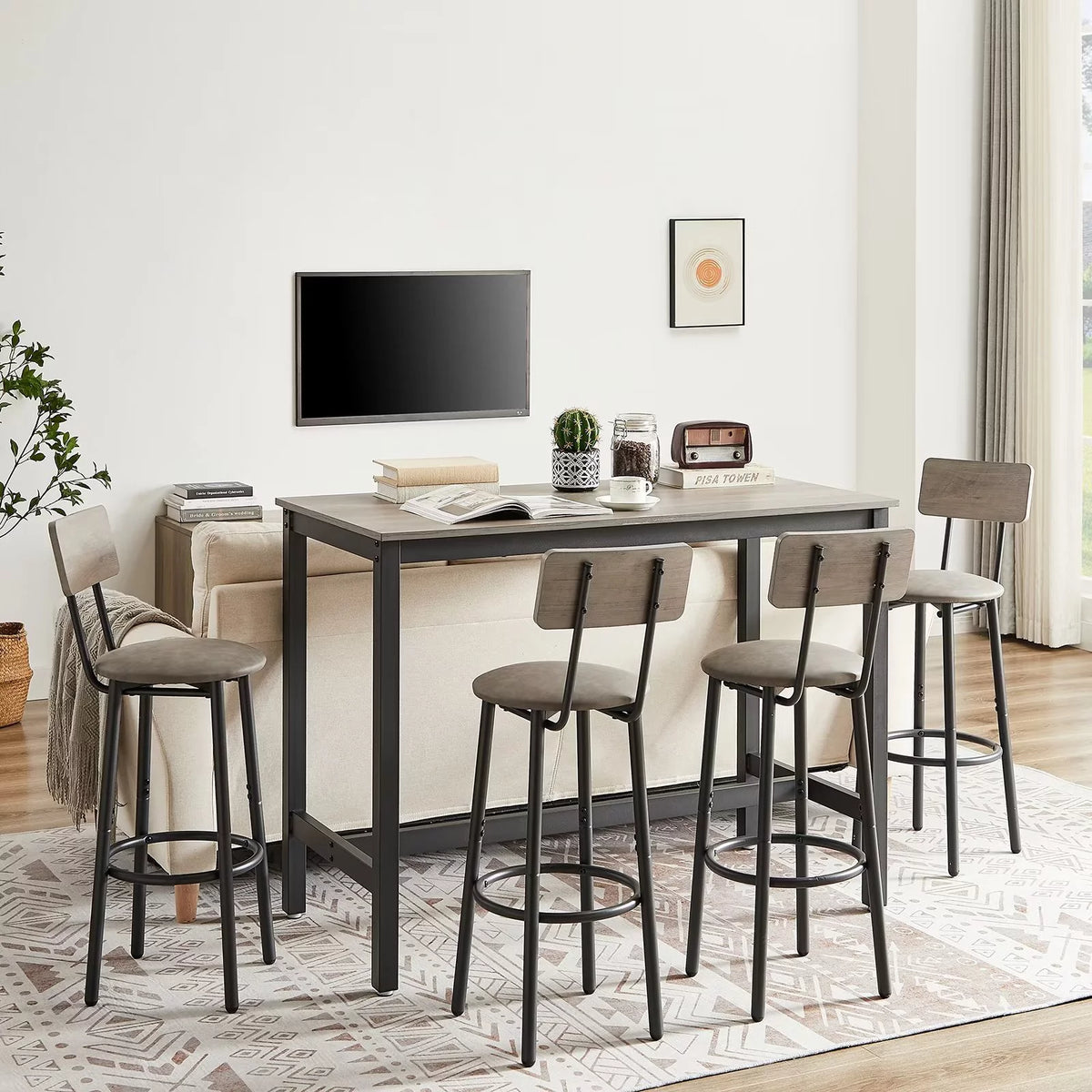 Modern Grey Bar Table and Chair Set of 5 with Backrest K4695