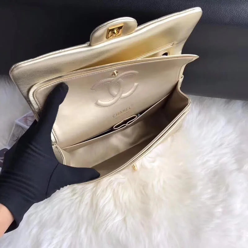 Gold Medium Size Lambskin Leather Flap Bag I300922