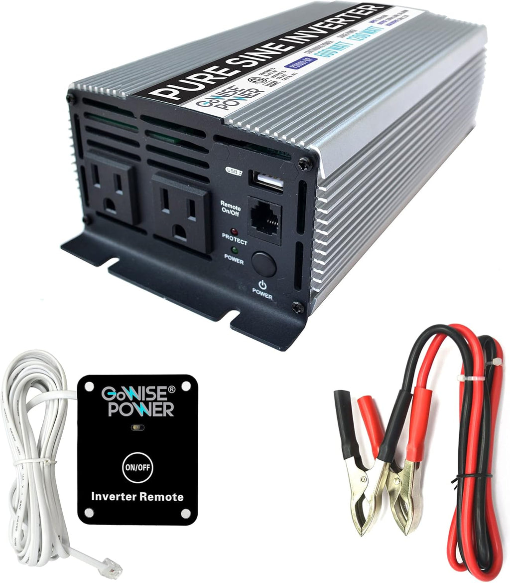 600W Pure Sine Wave Inverter 12V DC to 115V AC with 2 AC Outlets and USB Port J5643