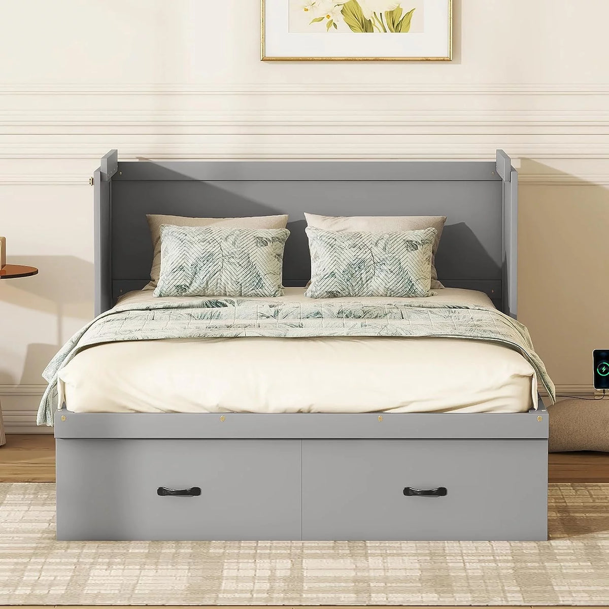 Queen Size Foldable Wood Murphy Bed Chest with Charging Station and Storage Drawer N52101
