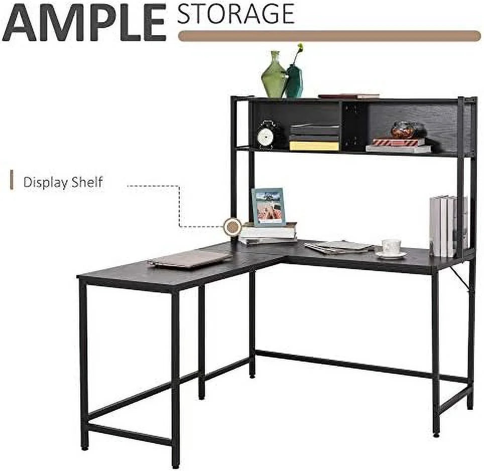 55 Inch L Shaped Computer Desk with Hutch Black S6348