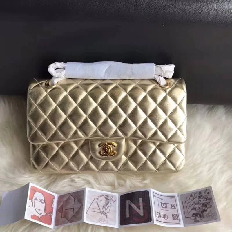 Gold Medium Size Lambskin Leather Flap Bag I300922