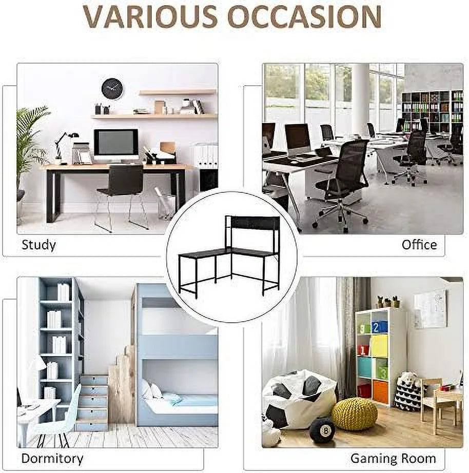 55 Inch L Shaped Computer Desk with Hutch Black S6348