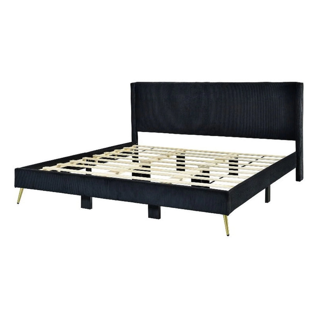 Solid Wood & Velvet Platform King Size Bed in Black J184