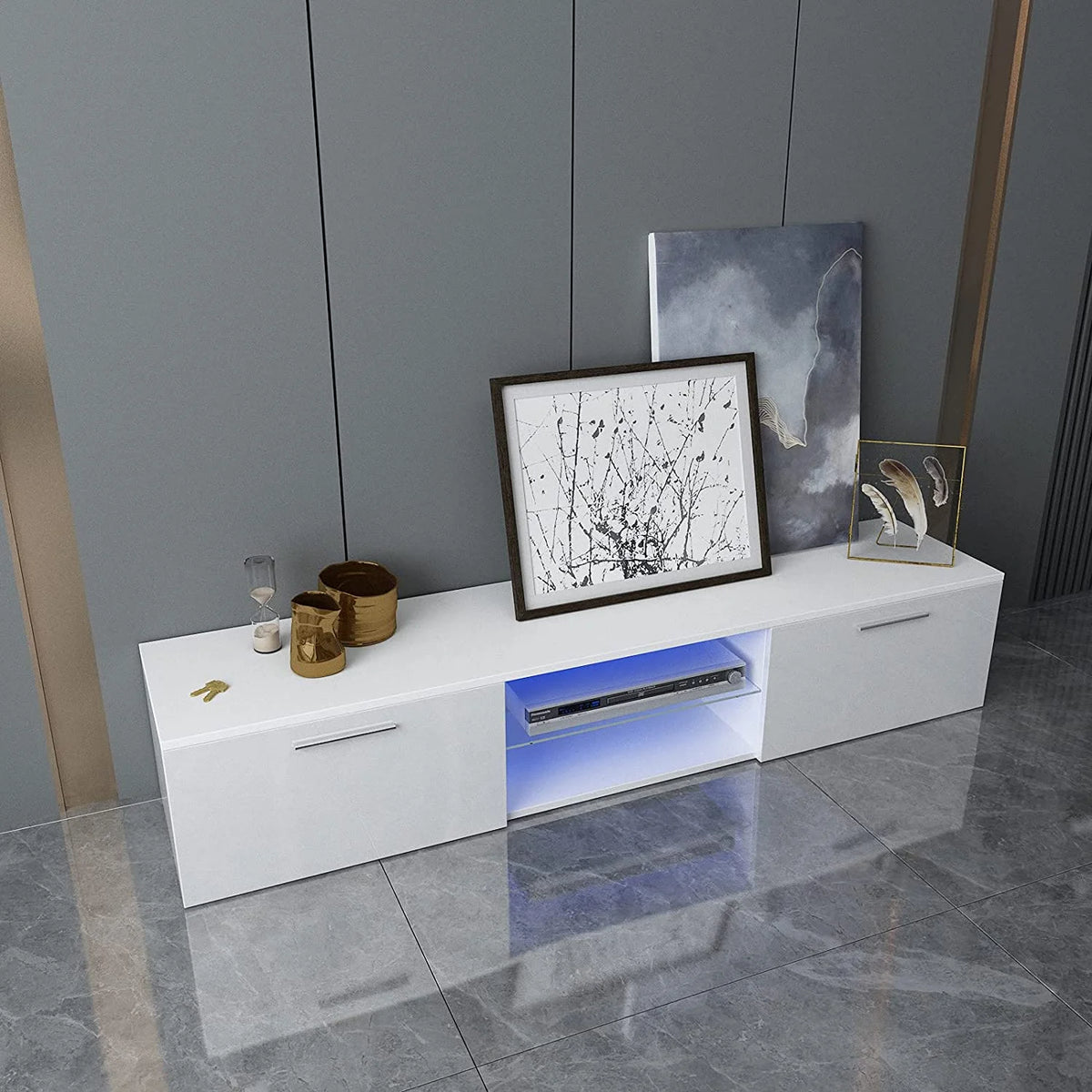 High Gloss White LED Light TV Stand with Storage, Shelves K770709