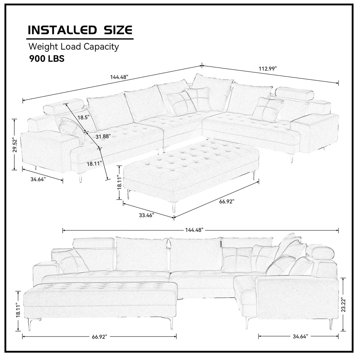 Oversized U Shaped Modular Sectional Sofa with Storage Ottoman E7251