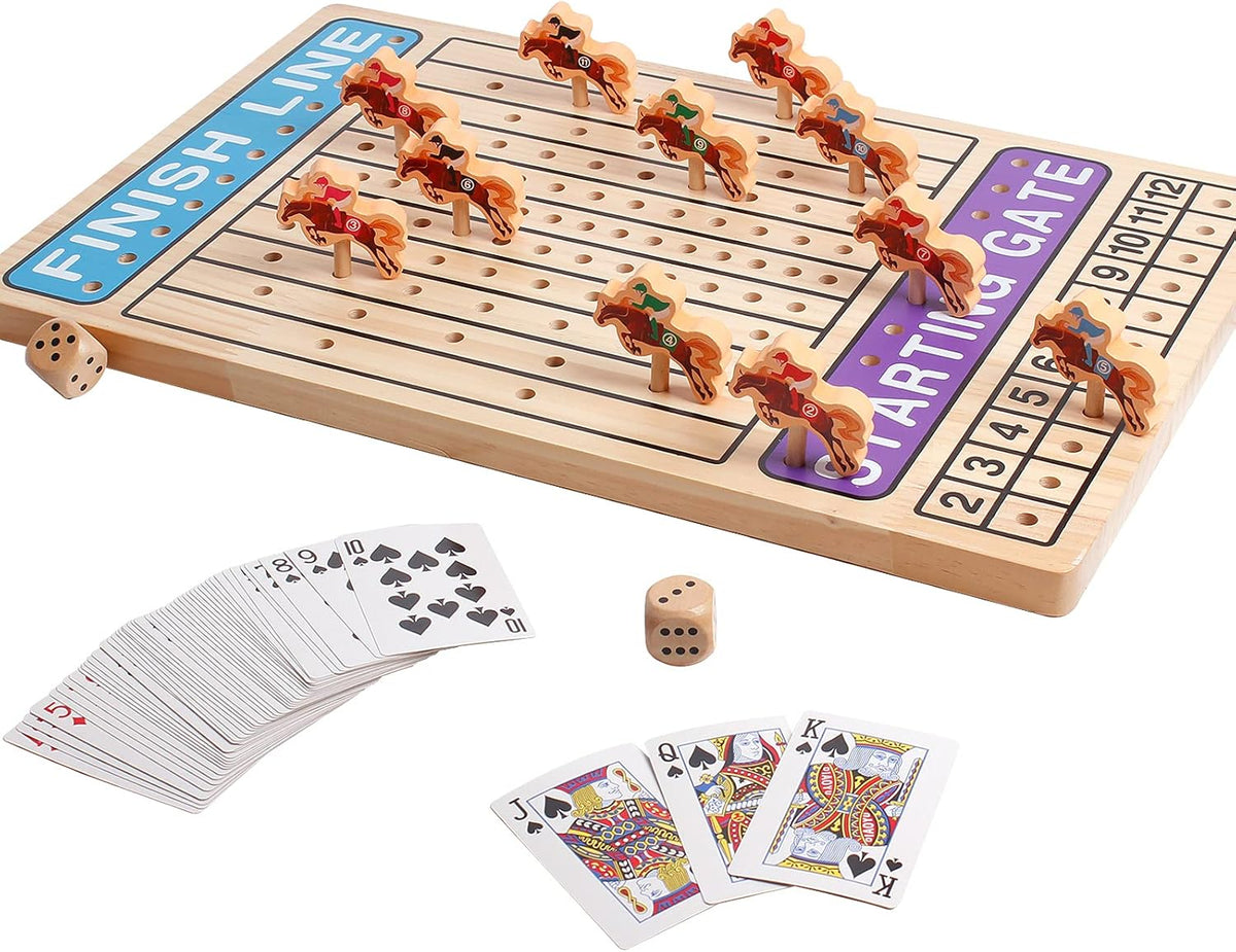 Wooden Horse Racing Game with 11 Durable Horses Dice & Cards Q551341