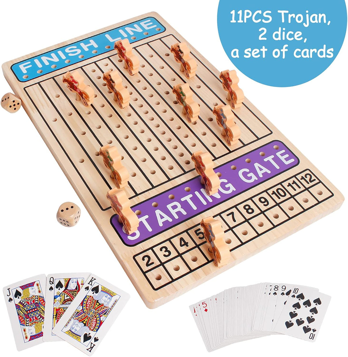 Wooden Horse Racing Game with 11 Durable Horses Dice & Cards Q551341